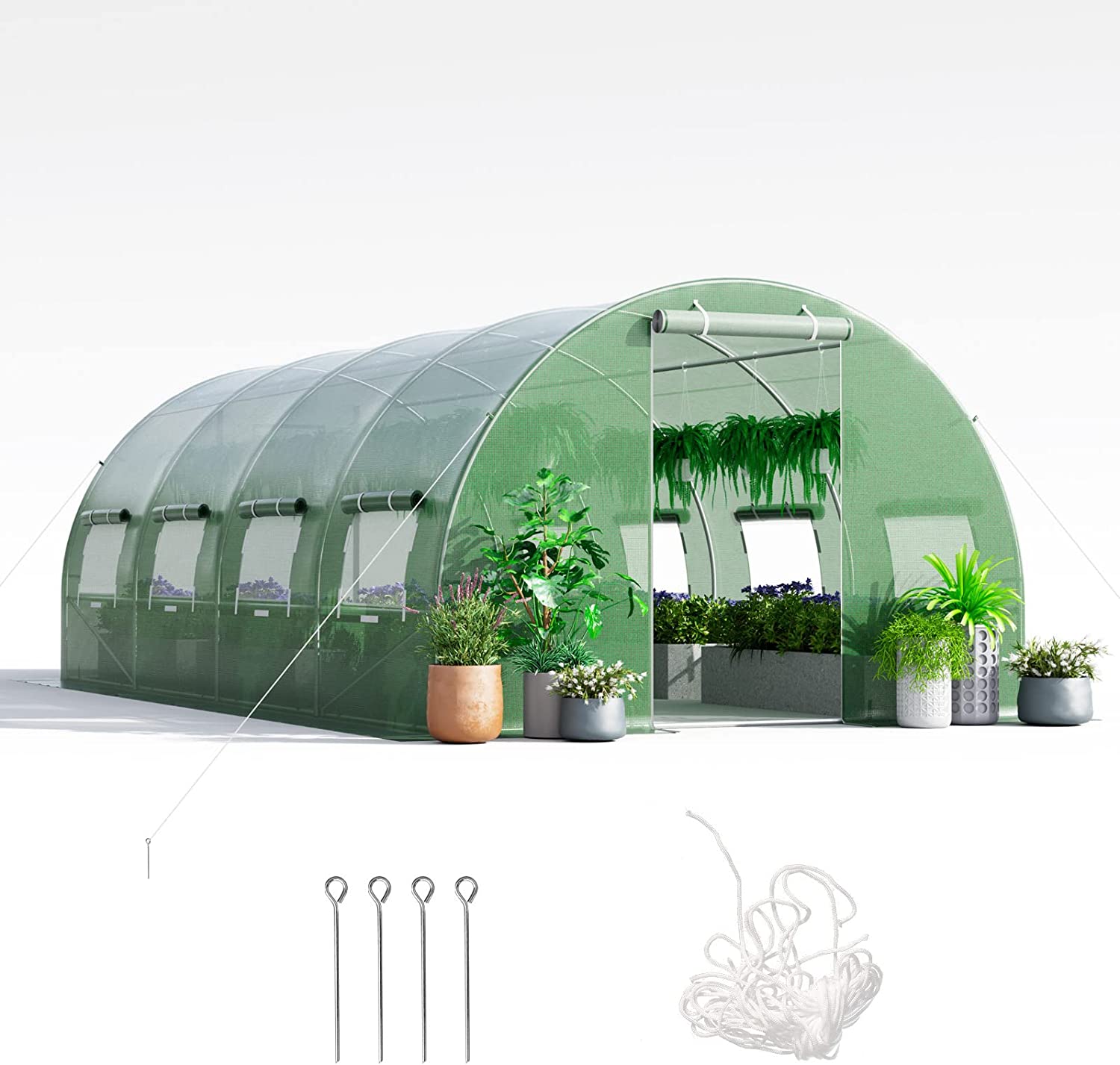 Szklarnia, 6 x 3 x 2 m, 18 m², szklarnia foliowa z metalowym stelażem, 10 zwijanych okien z siatki i 2 drzwiami z zamkiem błyskawicznym, do ogrodu