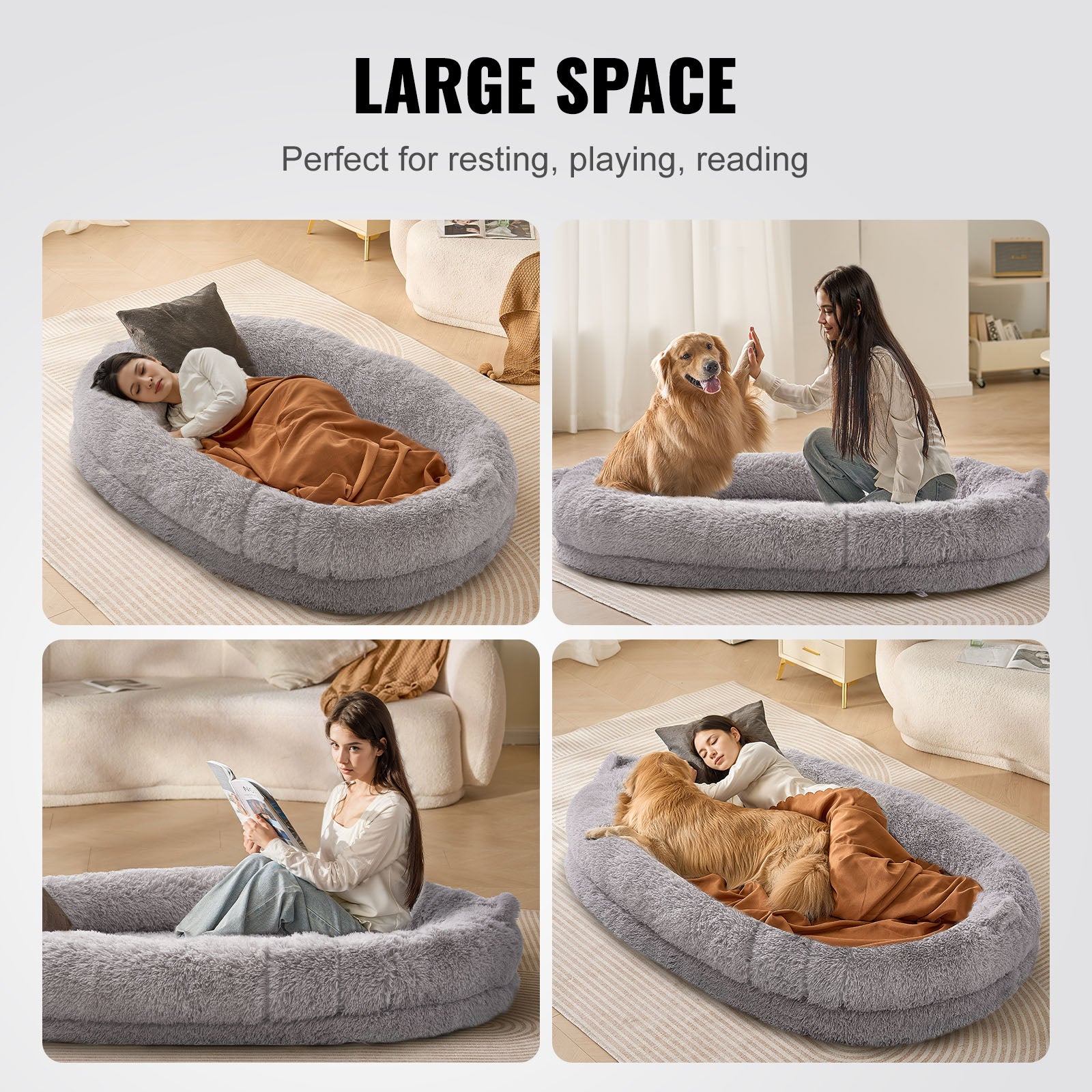Cama para perros para personas y animales,VEVOR 182x122x25 cm,con funda terciopelo PV lavable,espuma celular,bolsa de almacenamiento,gris claro - 6