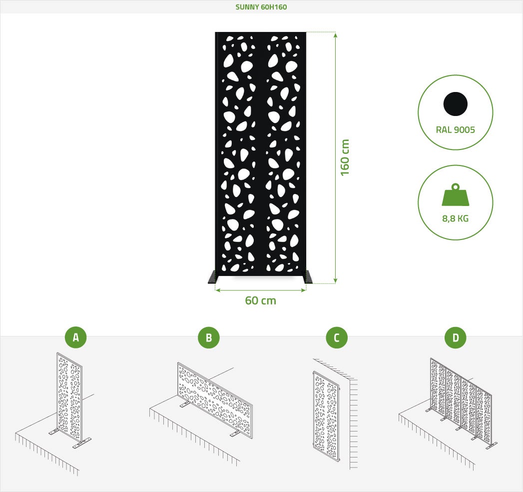 Lot de 3 panneaux décoratifs SUNNY Noir H.160cm motifs sur les côtés - 2