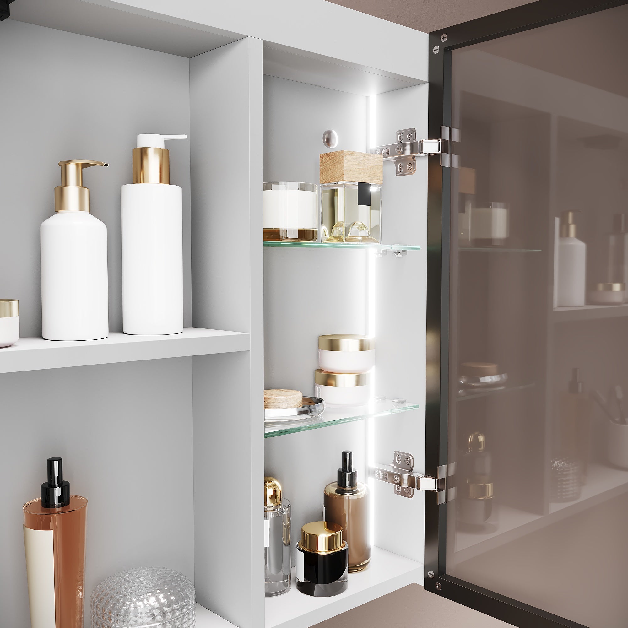 SIRHONA Armoire Miroir Salle de Bain 70x60x13cm avec Porte Vitrée, Miroir Anti-Buée Localisée 3 Lumières et Étagère Verre avec Prise - Gris Maroc - 3