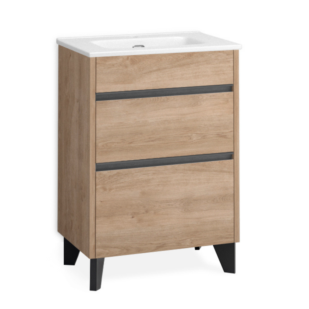 Mobili da bagno con gambe e lavandino Profondità ridotta | 60cm | 2 cassetti con chiusura imbottita e organizzatore | Quercia naturale - Nero - 2
