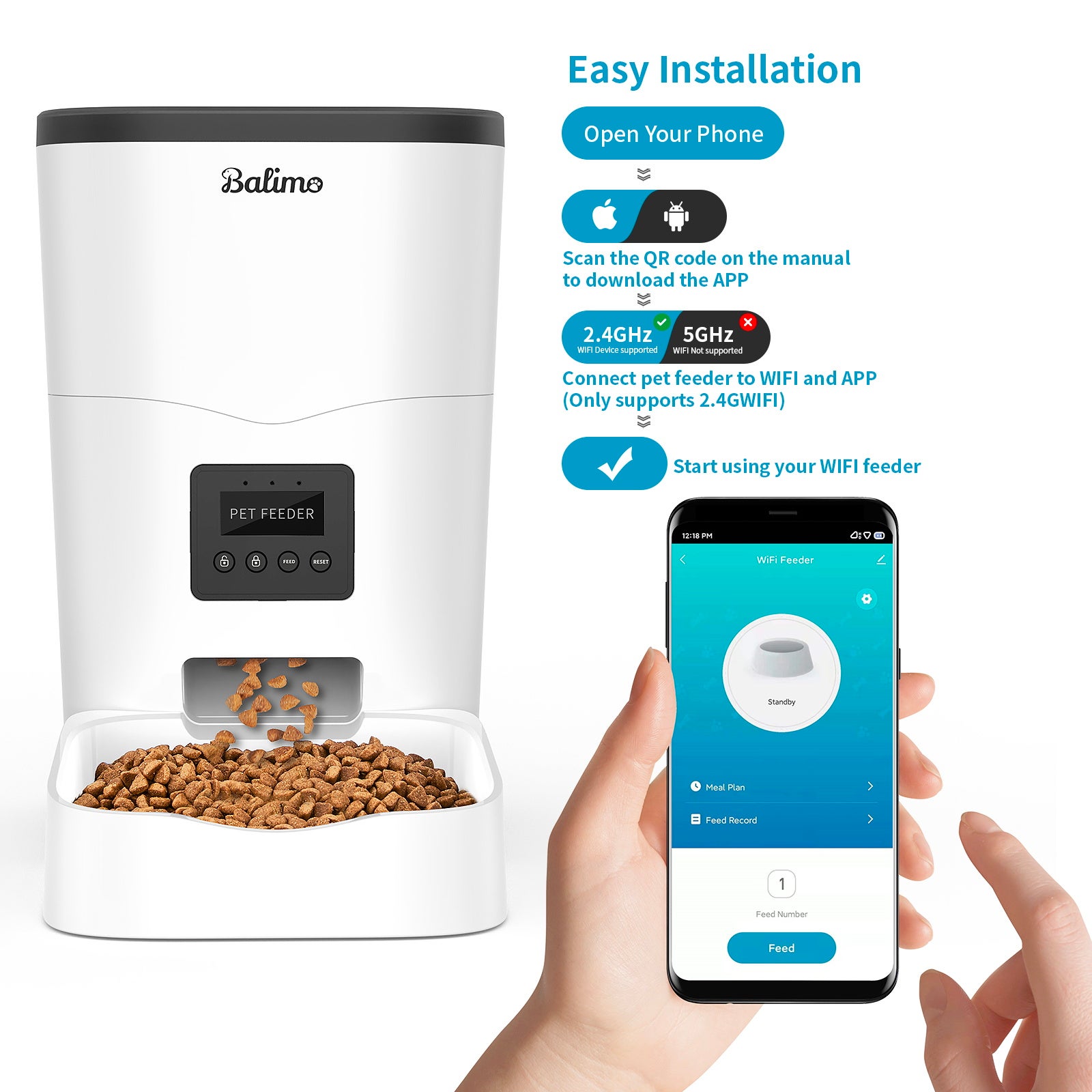 Balimo WIFI Distributeur de Croquettes 3L pour Chats/Chiens Télécommande Téléphone portable LCD,Adaptateur Secteur/Batterie,Fonction d'enregistrement - 3