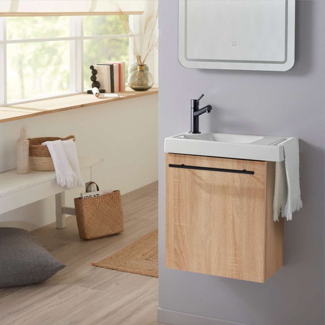 Meuble lave mains effet bois et noir avec porte serviette pour toilette