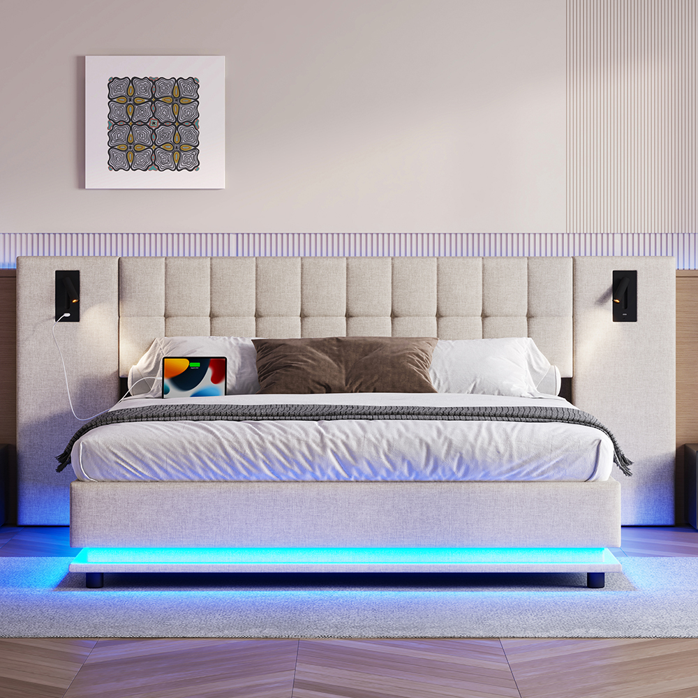 Łóżko podwójne dla dorosłych 180 x 200 cm, z paskiem LED, zagłówkiem z punktowymi lampkami, portem USB, bez materaca, z lnu, beżowe