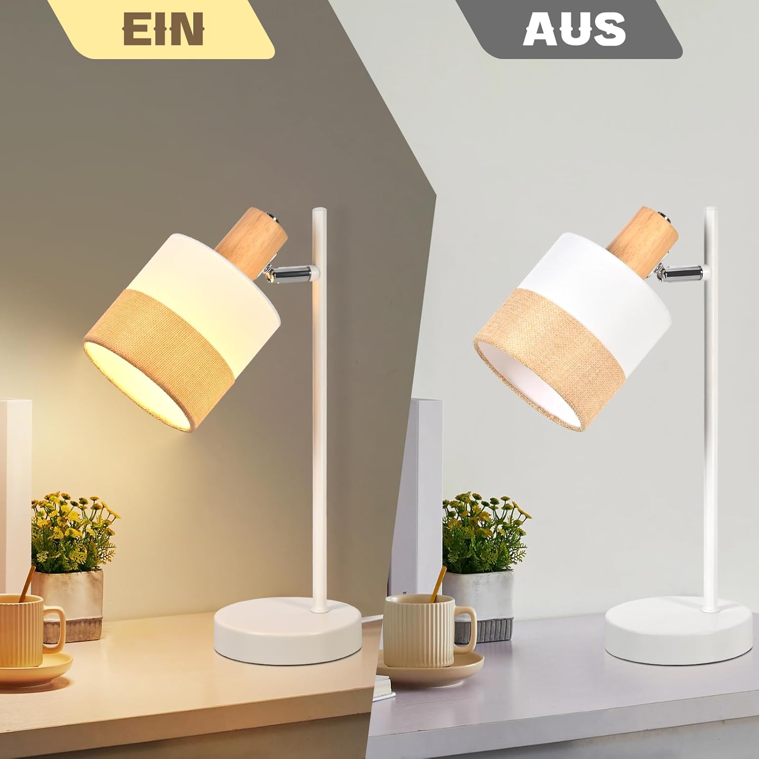 Nettlife Lampa Stołowa Vintage Drewno E14, Klosz Tkanina, Obrotowa, Rustykalna do Sypialni i Biura (Brak żarówki) - 6