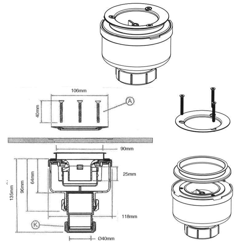 Bonde siphon universelle diam. 90 mm McAlpine à évacuation verticale pour receveur de douche, sortie en 40 mm ou 50 mm - 5