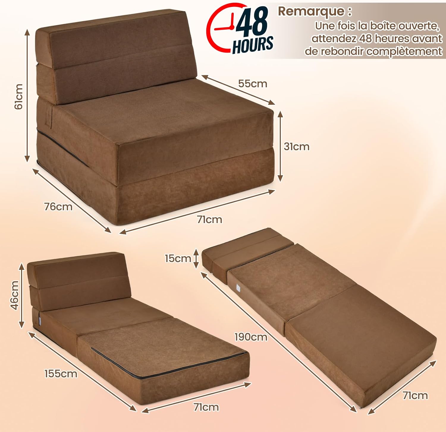 Canapé Lit 1 Place Convertible 3 en 1 avec Housse Amovible en Tissu Floqué,en Mousse pour Chambre, Invités, Voyage (71x190x15CM-3 en 1, Marron) - 3