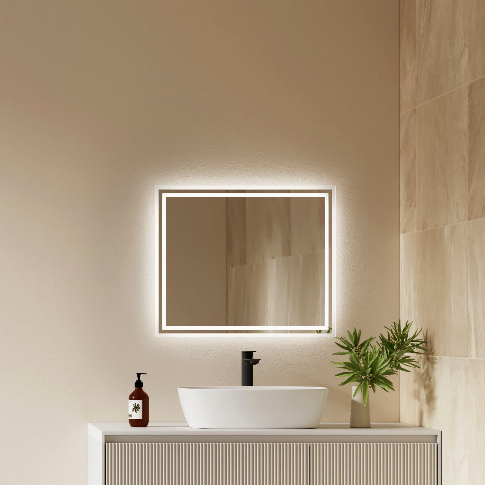 EMKE Lustro łazienkowe z oświetleniem LED 60x50 cm, z 3000/6500K, Przeciwmgielne, funkcja pamięci, przełącznikiem przyciskowym