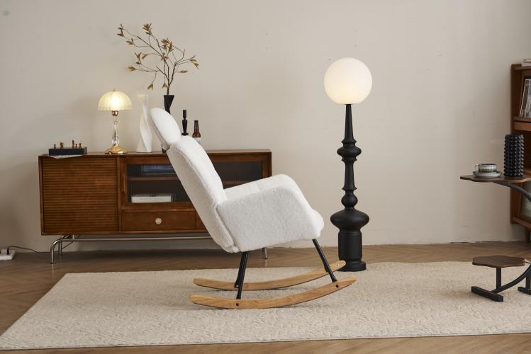 Chaise à bascule en tissu Teddy doux, matelassée, avec dossier en mousse, structure bois et base métallique noire, blanche, pour salon et chambre - 8