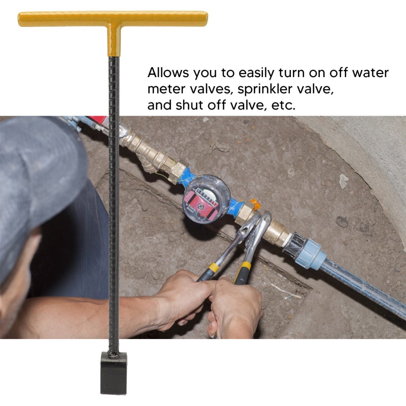 Clé de compteur d’eau en acier avec poignée en T, outil multifonction 4 en 1 pour vannes, robinets d’arrêt et compteurs, jaune - 2