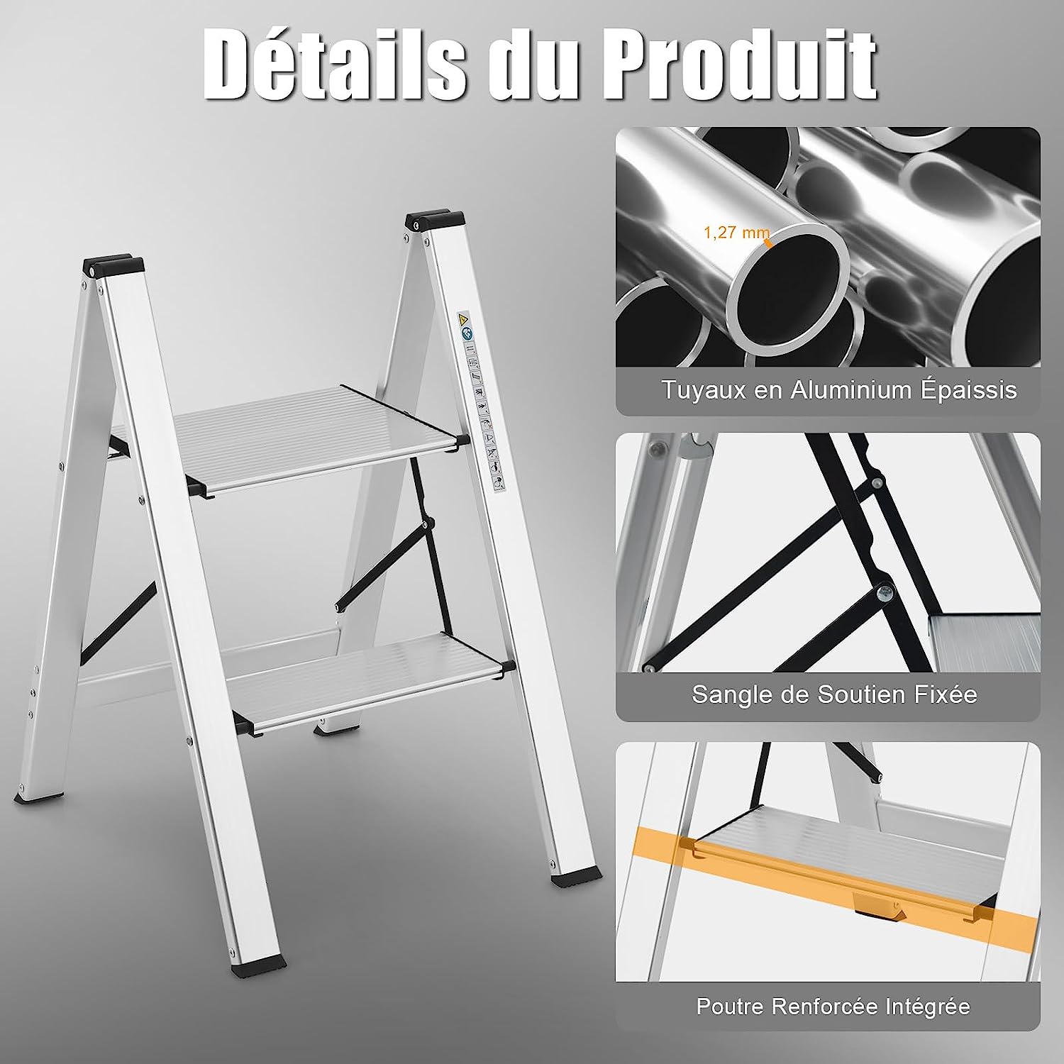 Marchepied Pliable 2 Marches en Aluminium, Charge 150KG (49 x 44 x 66 cm) - 4