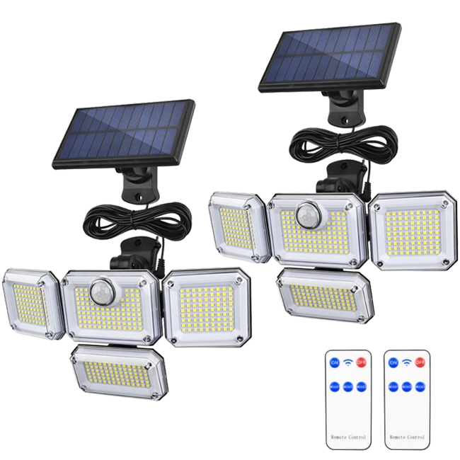 Zewnętrzne lampy solarne z czujnikiem ruchu 333LED, wodoszczelne lampy solarne bezpieczeństwa IP65 z pilotem i 4 głowicami, zestaw 2 szt.