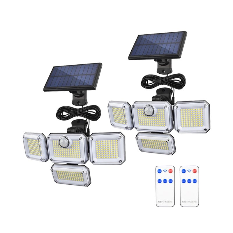 Lampy zewnętrzne solarne z czujnikiem ruchu, 333 diody LED, wodoodporne IP65, solarne lampy bezpieczeństwa z pilotem i 4 głowicami, zestaw 2 sztuk.