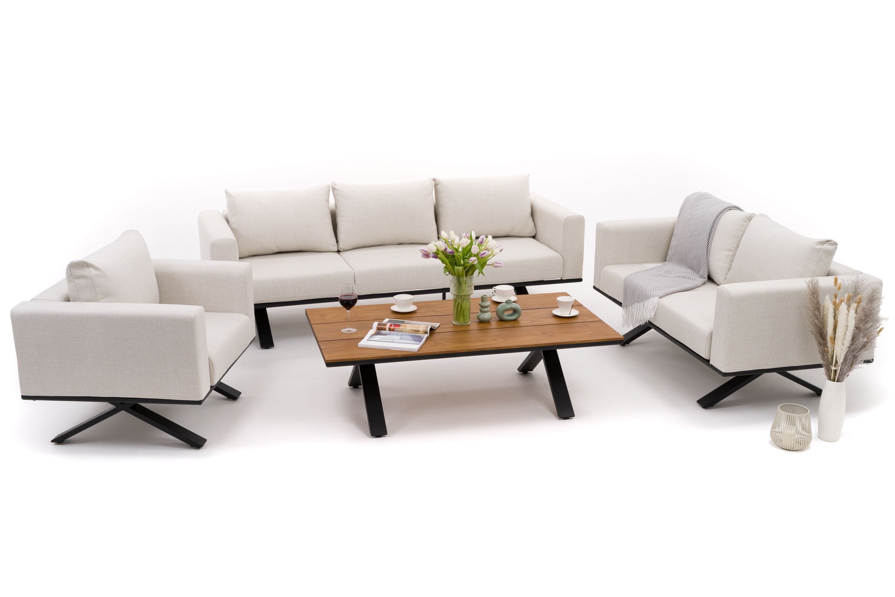Zestaw mebli ogrodowych fotel sofa kanapa aluminiowy z blatem z naturalnego drewna HPL MARABELLA beżowo drewniany