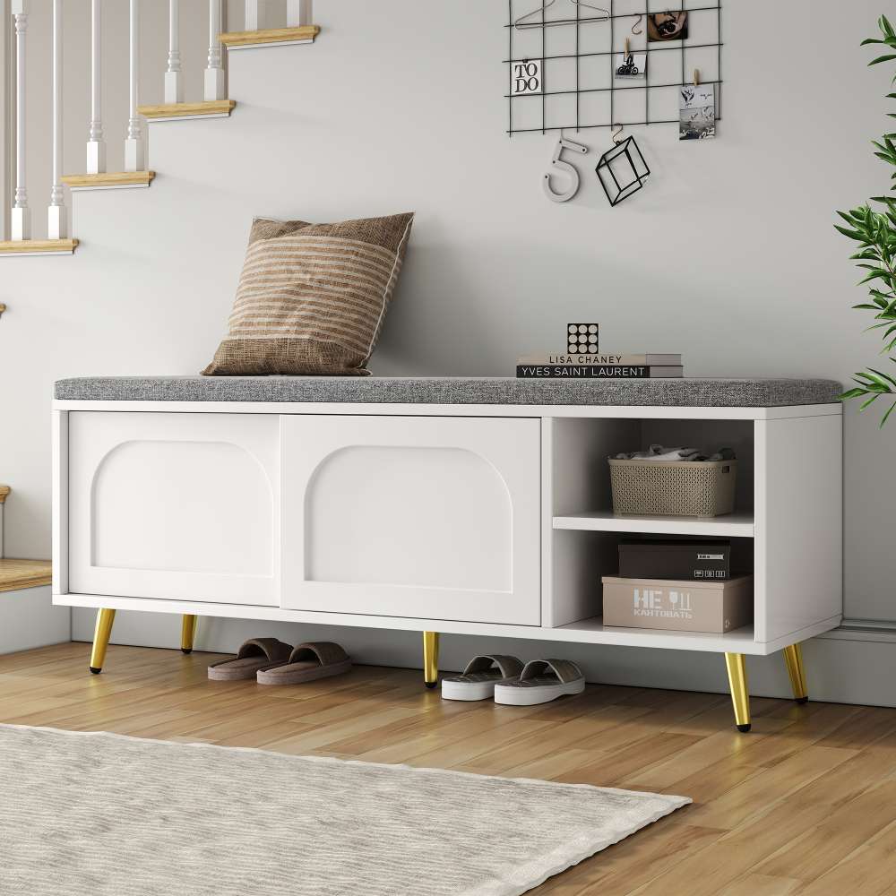 Banquette d’entrée blanche 121 cm – rangement chaussures, assise rembourrée, étagères réglables – 121x35x49 cm - 3