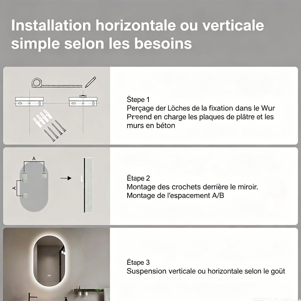 Miroir de Salle de Bain LED 50x80 cm Ovale Sans Cadre avec Éclairage, Anti-Buée 3 Mode Couleur - 8