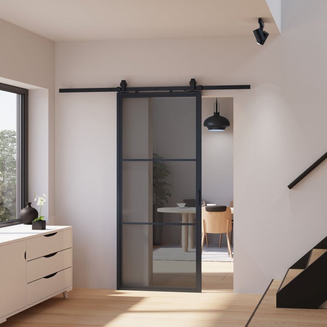 Schulte porte coulissante en verre, 90x215cm, porte coulissante intérieure, vitrée, porte verrière anthracite Loftstyle noir RAL 9005-double softclose