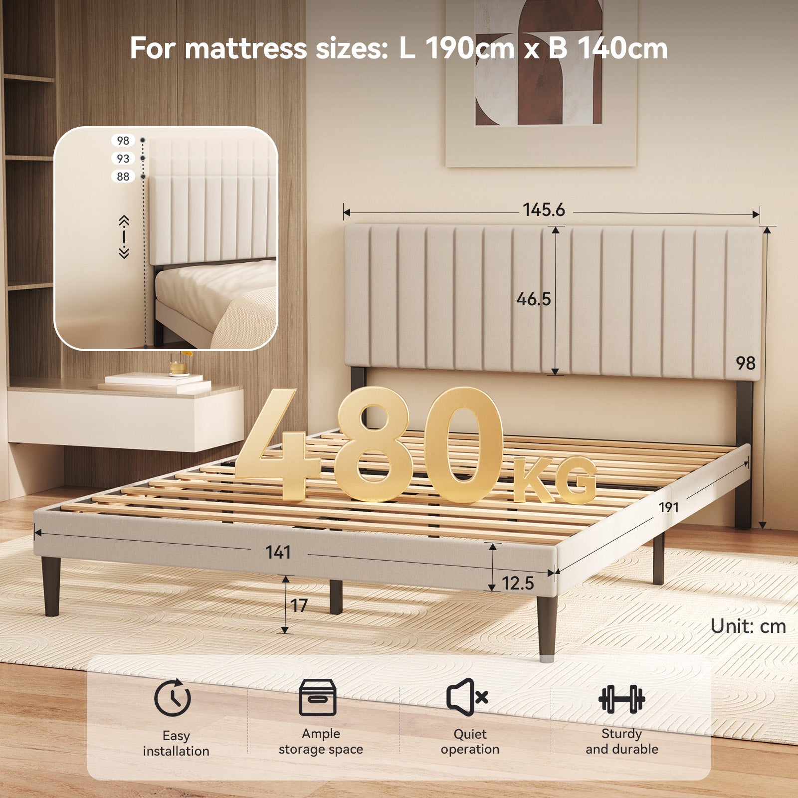 Estructura de cama 140x190 cm,480 kg, espacio 22 cm, Cama doble, para dormitorio, ahorro de espacio, silencioso y estable, tapizada - 9