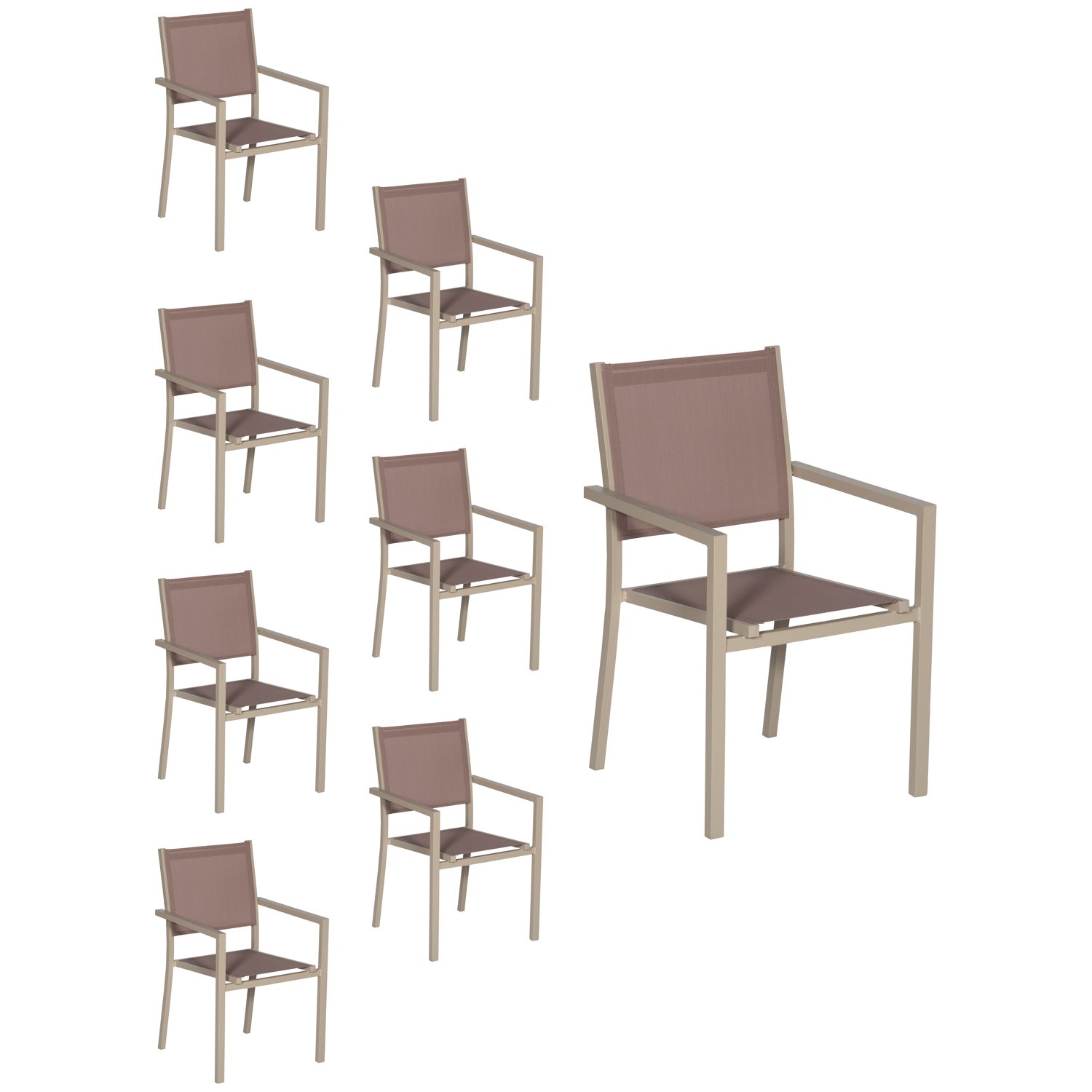 Zestaw 8 aluminiowych krzeseł w kolorze ciemnoszarym - taupe textilene