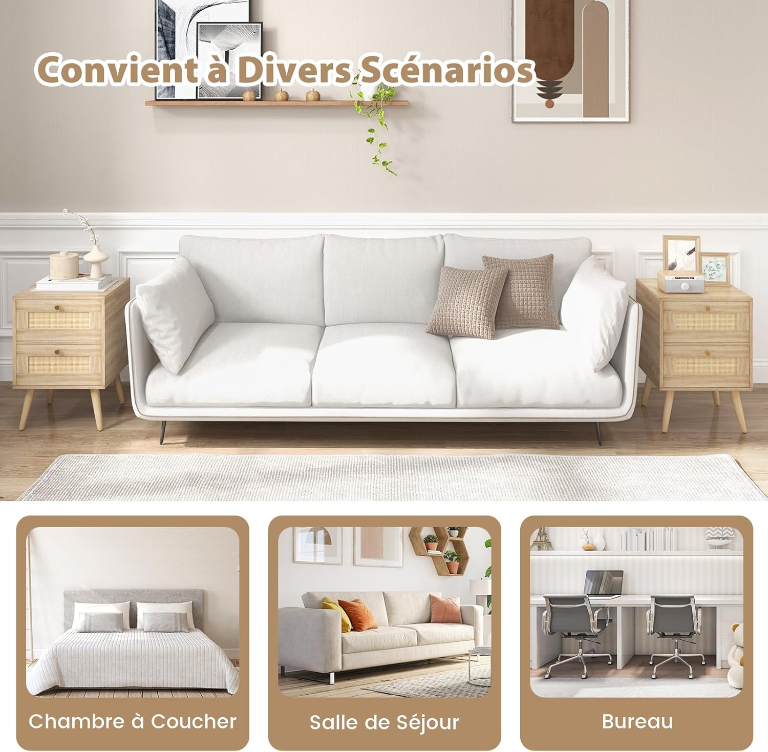 Table de Chevet en Rotin, Table de Nuit Bois avec 2 Tiroirs et 4 Pieds en Pin, Porte Cannage, Style Bohème, 40 x 40 x 59 cm (1) - 6