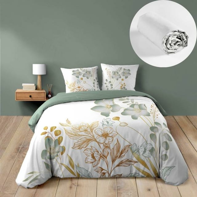 Pack Parure de lit 240 x 220 cm – Coton 42 fils – LOLITA + Drap Housse 140x190 cm Blanc