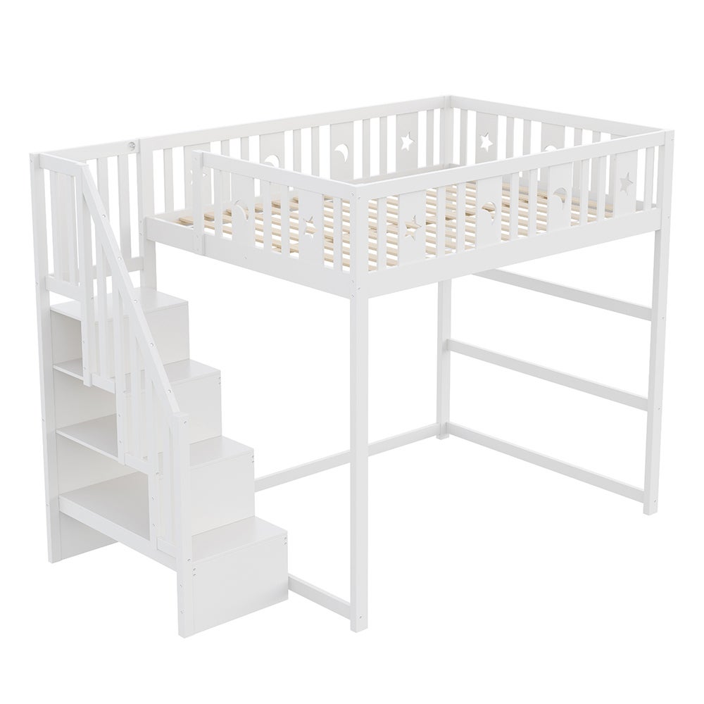 Lit superposé enfant 140x200 bois massif avec escalier et barrière sécurité étoiles-lune blanc - 8