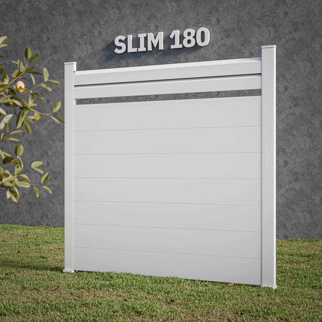 Kit Clôture SLIM PVC Blanc H. 180 cm - 2 Lisses claire-voie + 7 Soubassements - 11,10 m