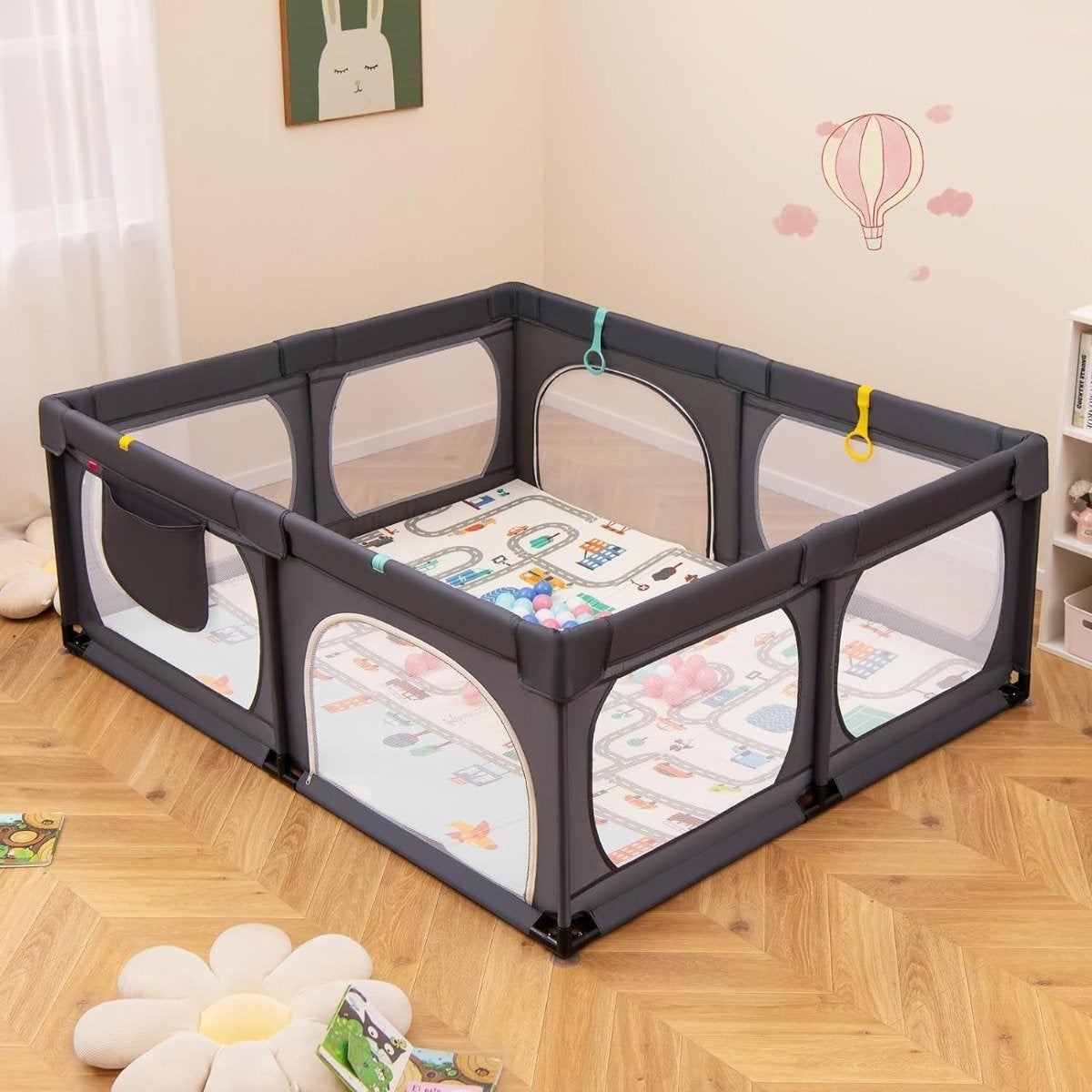 Parque infantil con colchón, 50 pelotas, 4 anillas y 4 puertas con cremallera