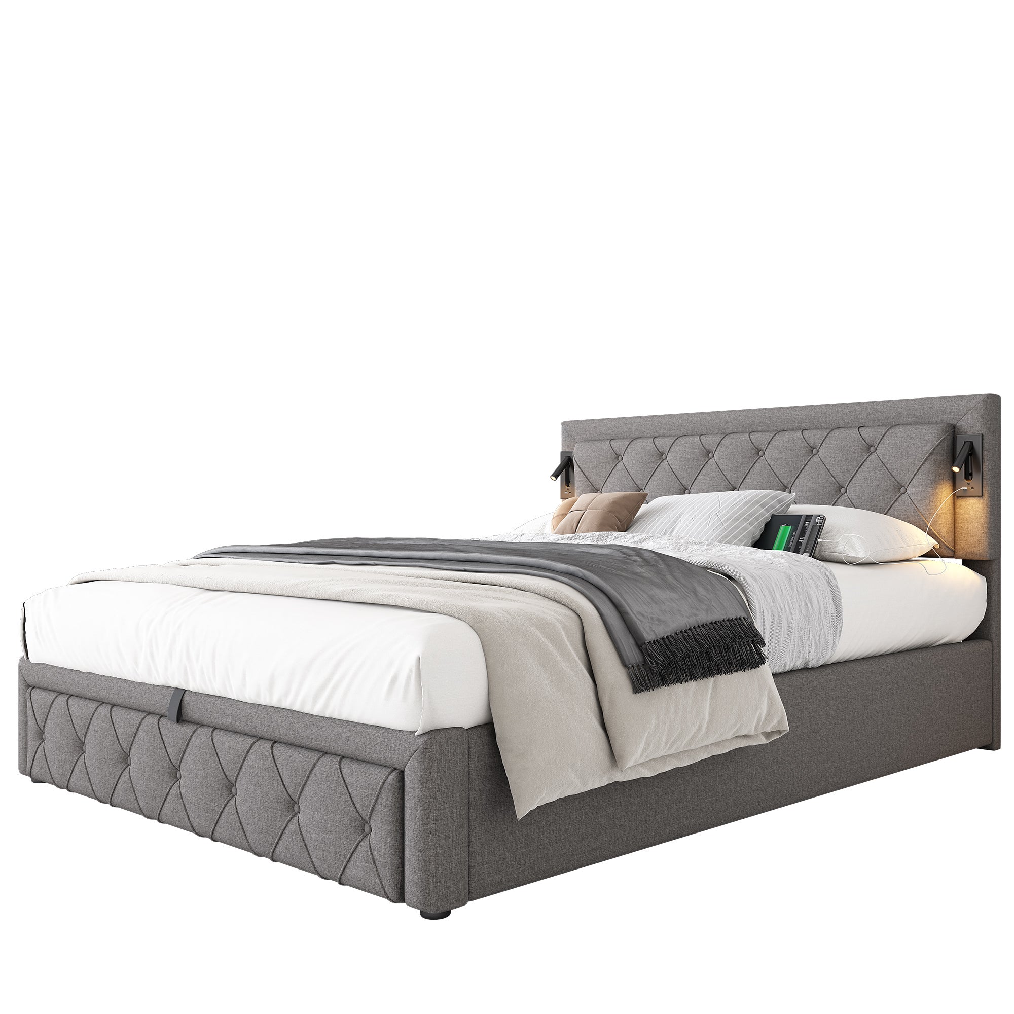 Cama contenedor de tela de lino 160x200 cm - con luz de lectura y toma USB - con somier - Gris - 4