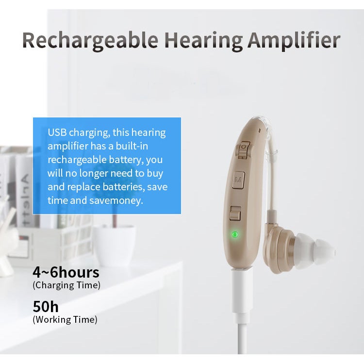 Amplificateur auditif contour d'oreille rechargeable par USB avec réduction du bruit, argent - 2