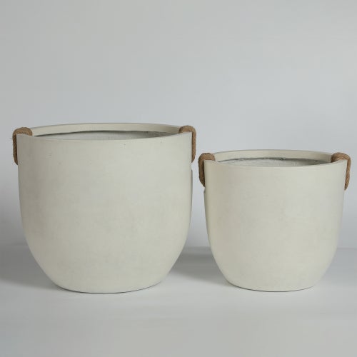 Lot de 2 Pots de Fleurs Ronds Aspect Béton - Jardinières Intérieur Extérieur avec Drainage - Blanc Cassé - Ø37 et Ø46 cm - 8