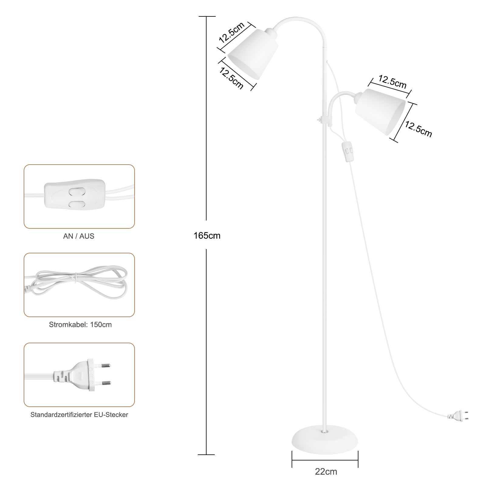 LOVHAUS Lampa Podłogowa do Salonu, Biały Metal, 2 Żarówki, Gniazdo E26 & E27, Wysokość 170 cm, do Sypialni lub Salonu (bez żarówek) - 2