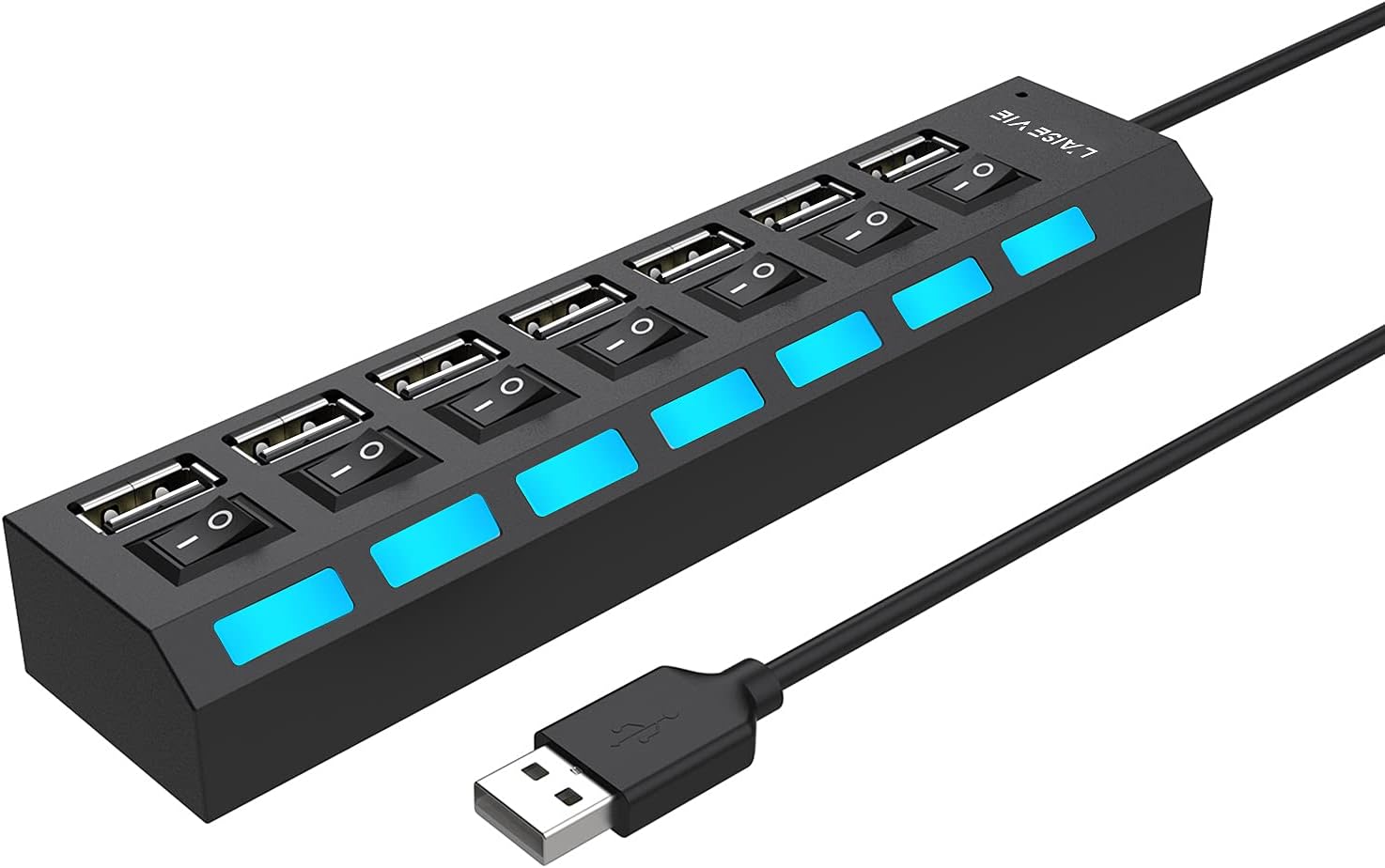 Rozdzielacz USB wieloportowy, koncentrator USB 2.0 7-portowy, koncentrator danych USB A z niezależnym włącznikiem/wyłącznikiem i wskaźnikami LED, do