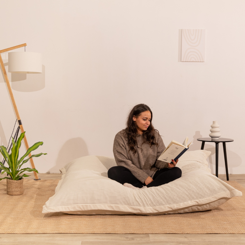 Pouf velours côtelé déhoussable BANANAIR 180 x 140 cm blanc cassé - 3