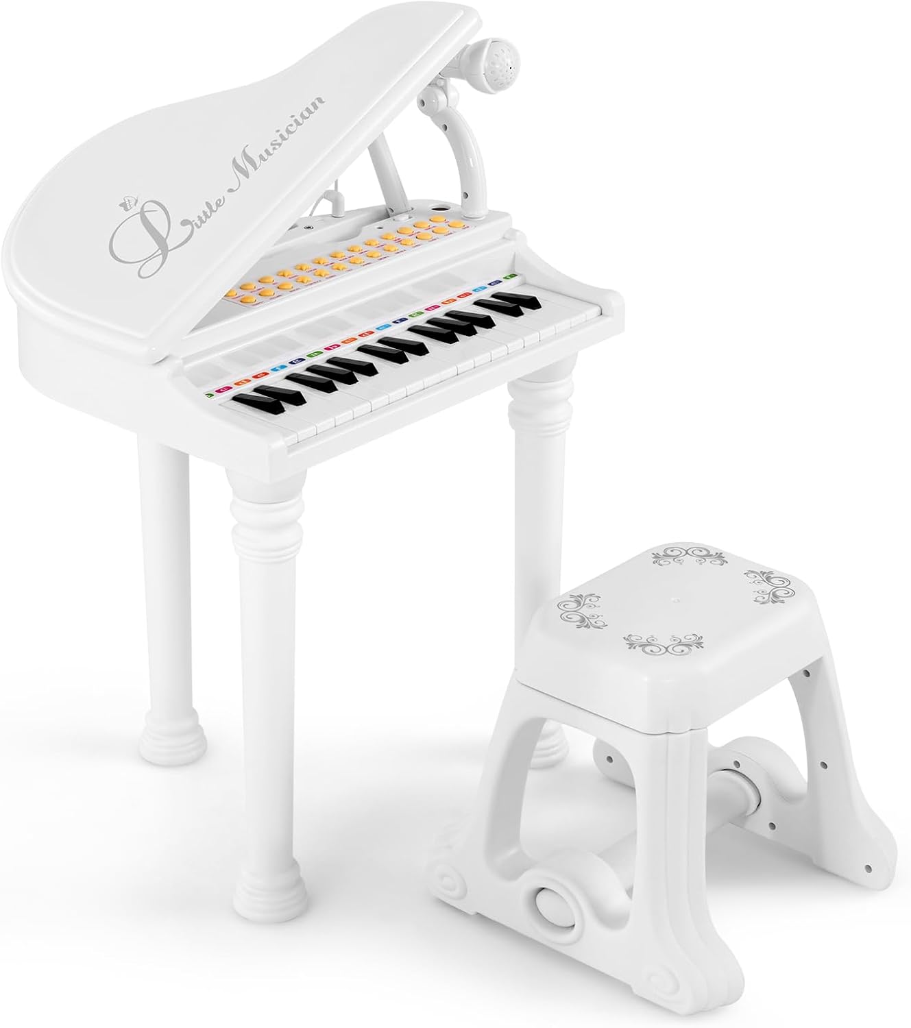 Elektroniczne Pianino dla Dzieci z 31 Klawiszami, Klawiatura Elektroniczna ze Stołkiem, Mikrofonem i 3 Trybami Nauki (Białe-31)