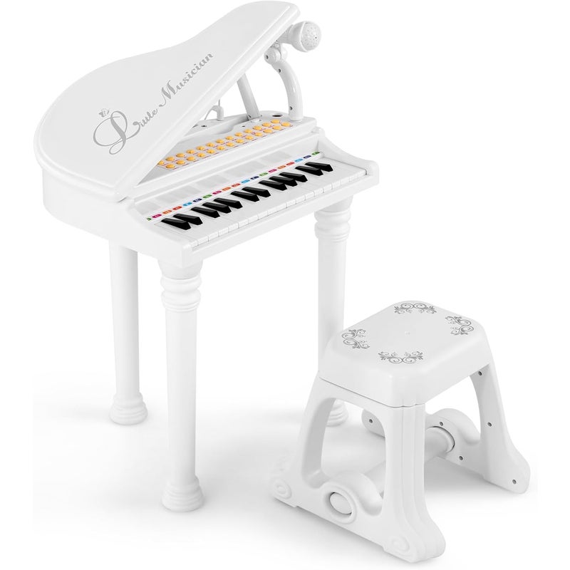 Elektroniczne Pianino dla Dzieci z 31 Klawiszami, Klawiatura Elektroniczna ze Stołkiem, Mikrofonem i 3 Trybami Nauki (Białe-31)