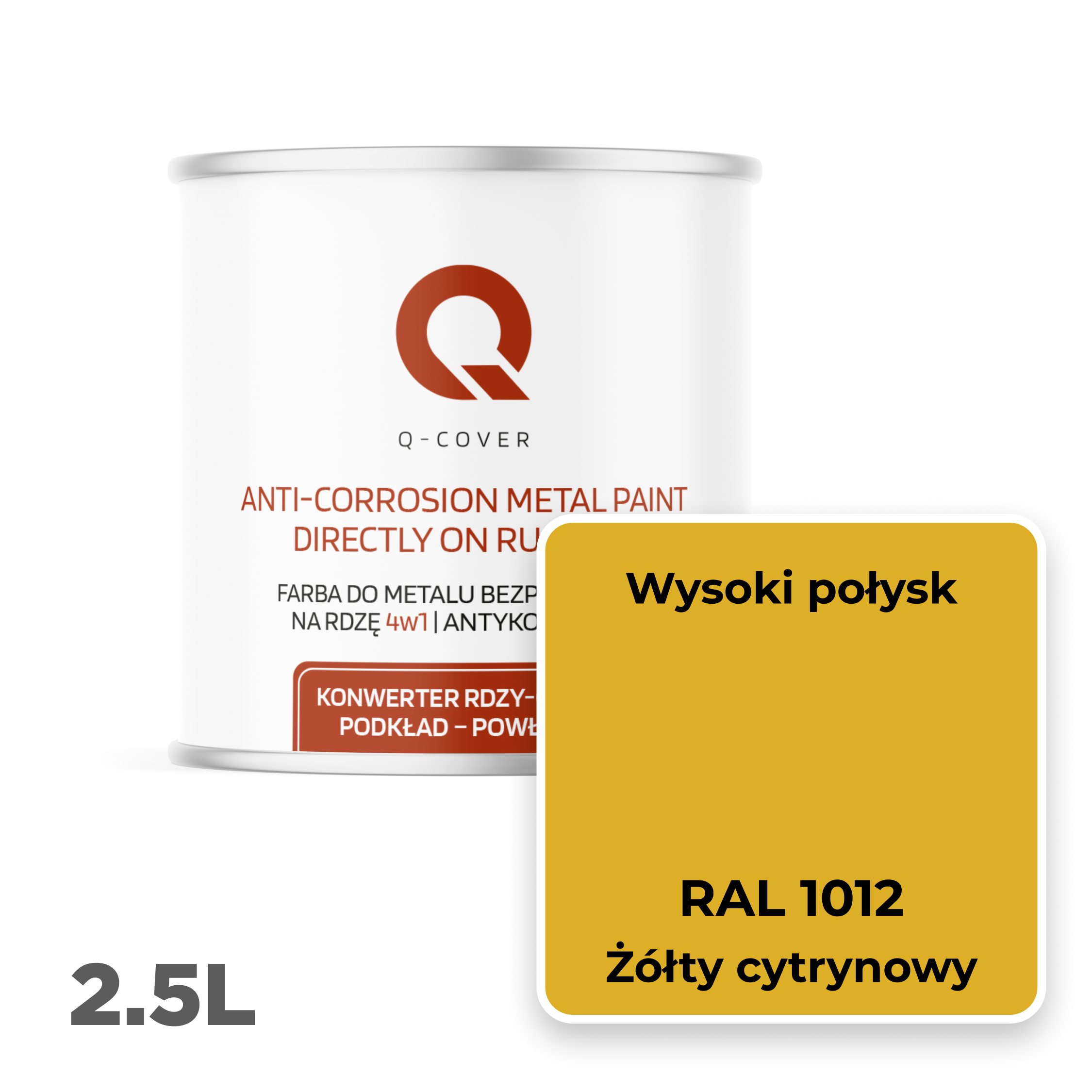 Farba do Metalu Prosto na Rdzę 4w1 Q-Cover Żółty cytrynowy RAL1012 Wysoki Połysk 2.5L - 2