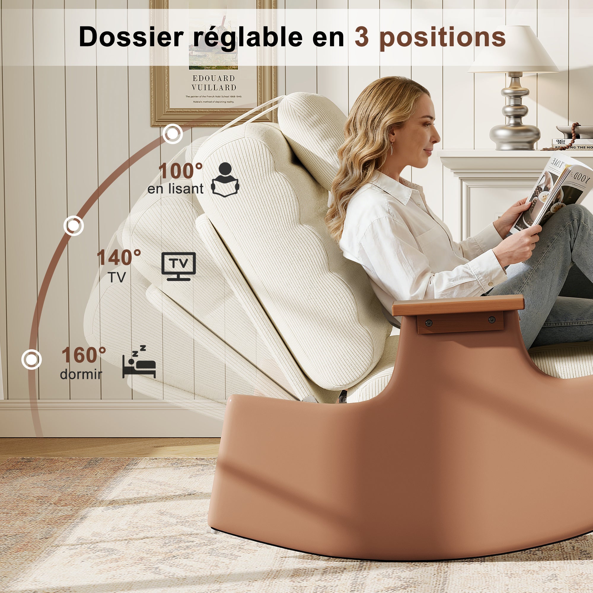 Fauteuil a Bascule avec Repose Pieds, Chaise a Bascule Allaitement Réglable 3 Positions Rocking Chair Intérieur Extérieur avec Coussin, Velours Côtelé - 7