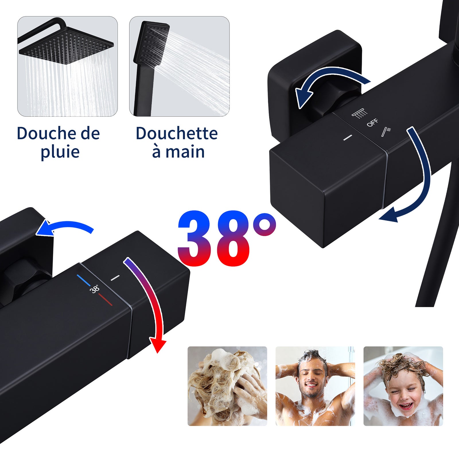 Colonne de Douche Thermostatique Noir Sans Percement Supplémentaire, Ensemble de Douche Réglable en Hauteur ( 1006-1206mm) Corps en Laiton - 2