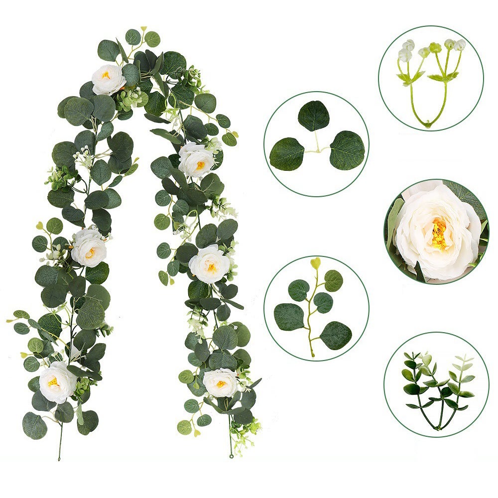 Guirlande Eucalyptus Artificielle – Lot De 2 De 1,8 M – Avec Fleurs Blanches – Pour Décoration Mariage, Maison, événements