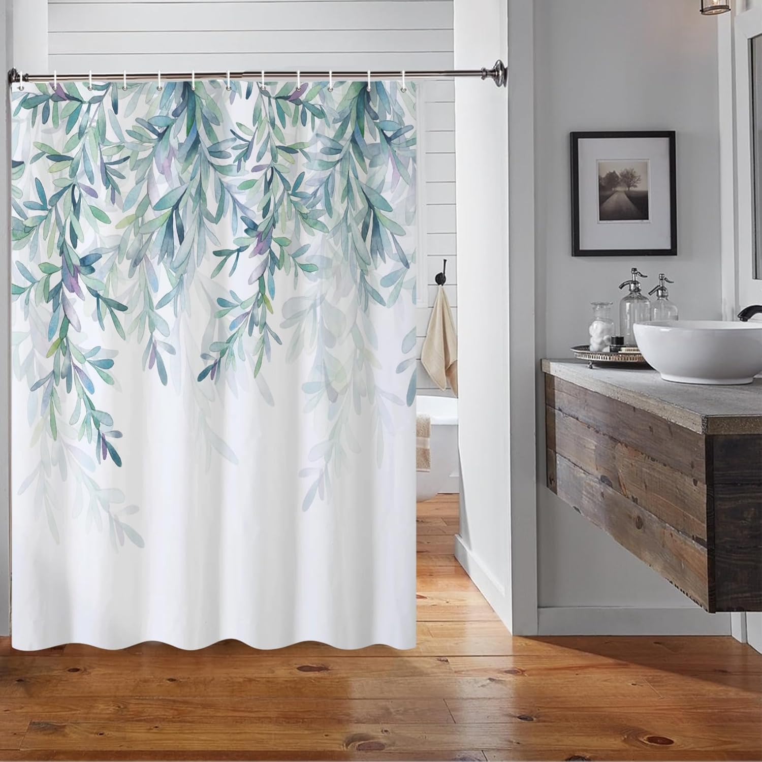 Tenda Doccia 180x180 Verde Eucalipto: Stampa Floreale Acquerello, Impermeabile Con Ganci - 2