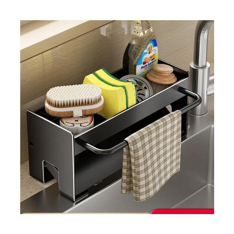 Organizer do zlewu kuchennego, uchwyt na gąbkę do zlewu, z rusztem na gąbki, haczykiem na ręczniki i wyjmowanym separatorem, czarny