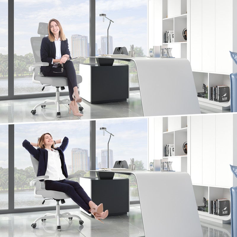 Chaise de Bureau Ergonomique - RATTANTREE Fauteuil - avec accoudoir rabattable à 90° - Support Lombaire - Réglable en hauteur Gris - 5