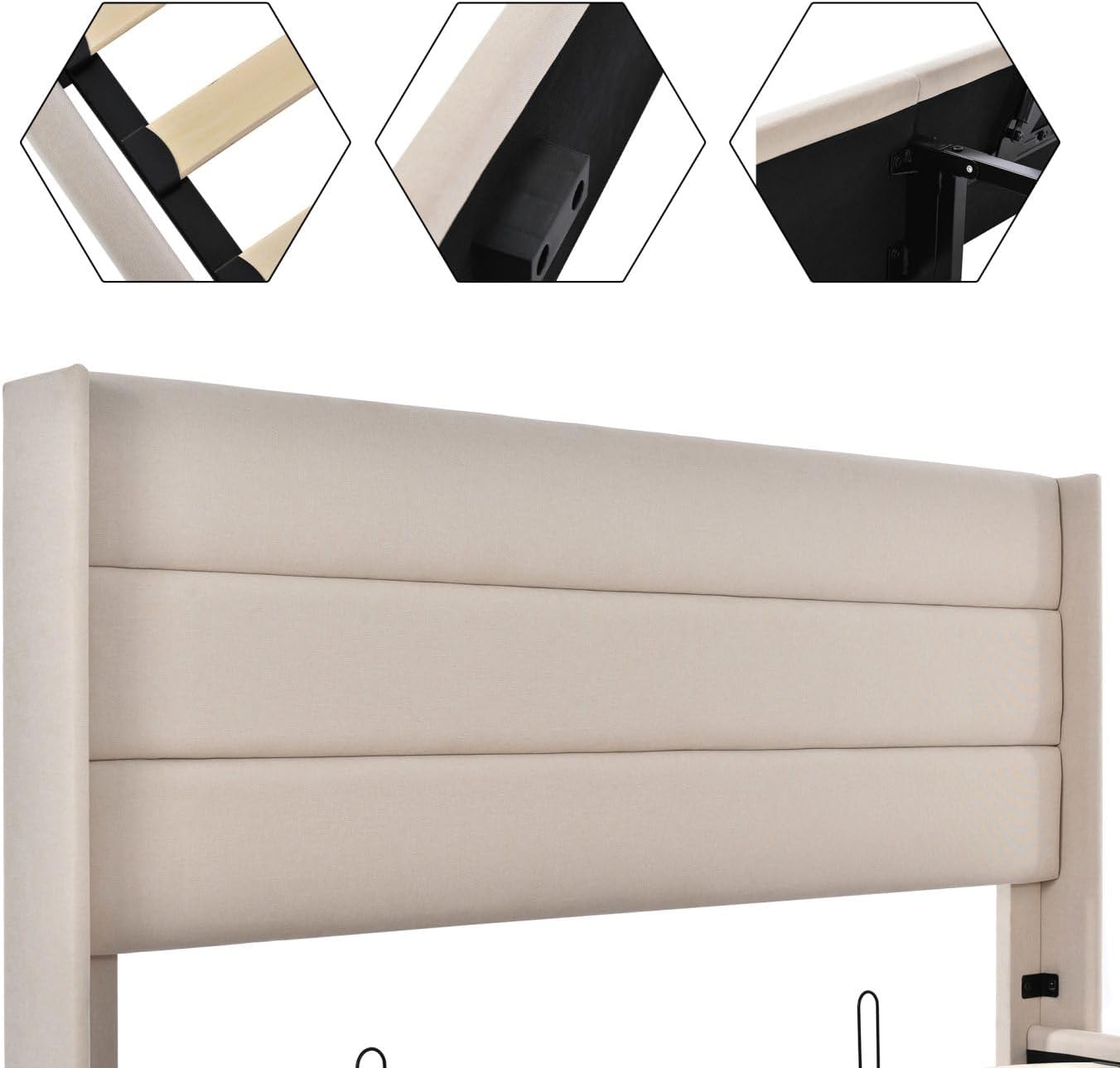 KOMHTOM Lit rembourré 160 x 200 cm, lit juvénile avec espace de rangement, lit fonctionnel avec cadre en métal (sans matelas), beige - 7