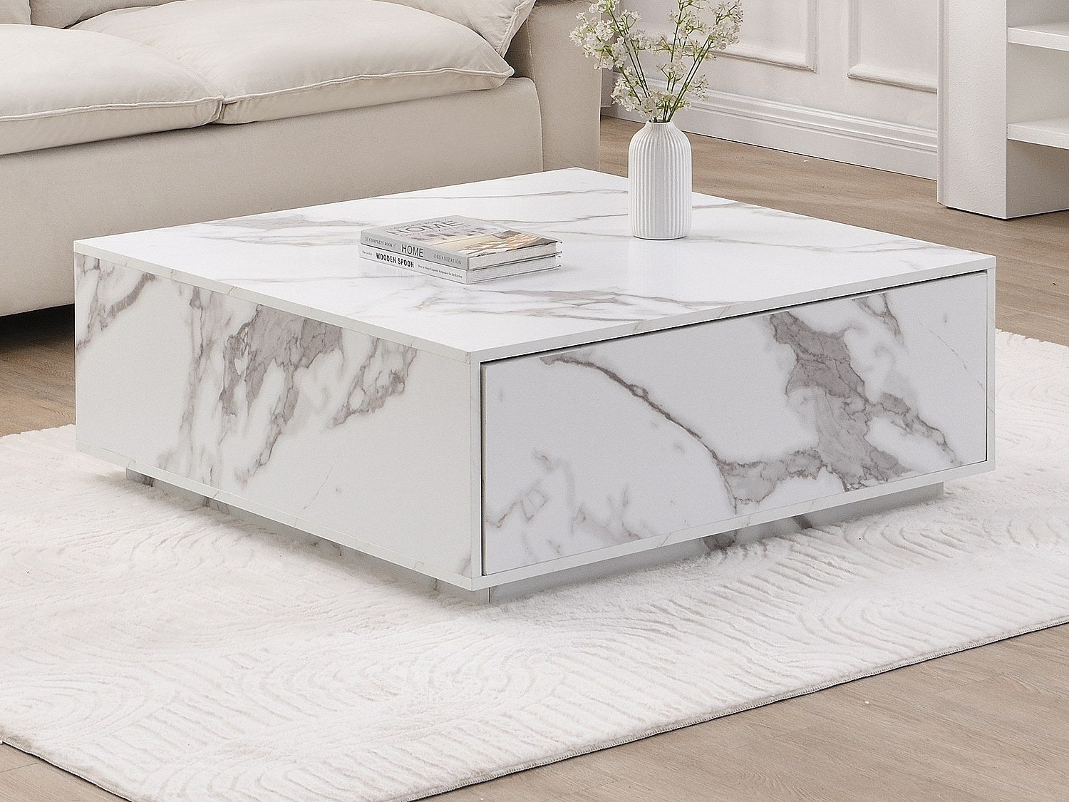 Stolik kawowy z 2 szufladami z MDF - Efekt białego marmuru - ANTRIM marki Pascal Morabito