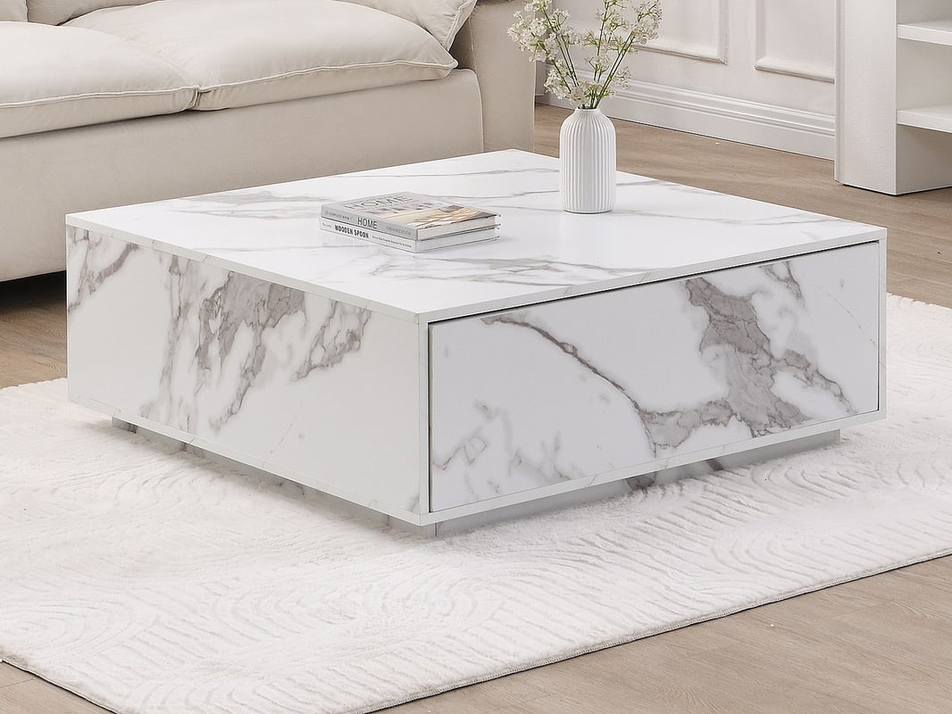 Stolik kawowy z 2 szufladami z MDF - Efekt białego marmuru - ANTRIM marki Pascal Morabito