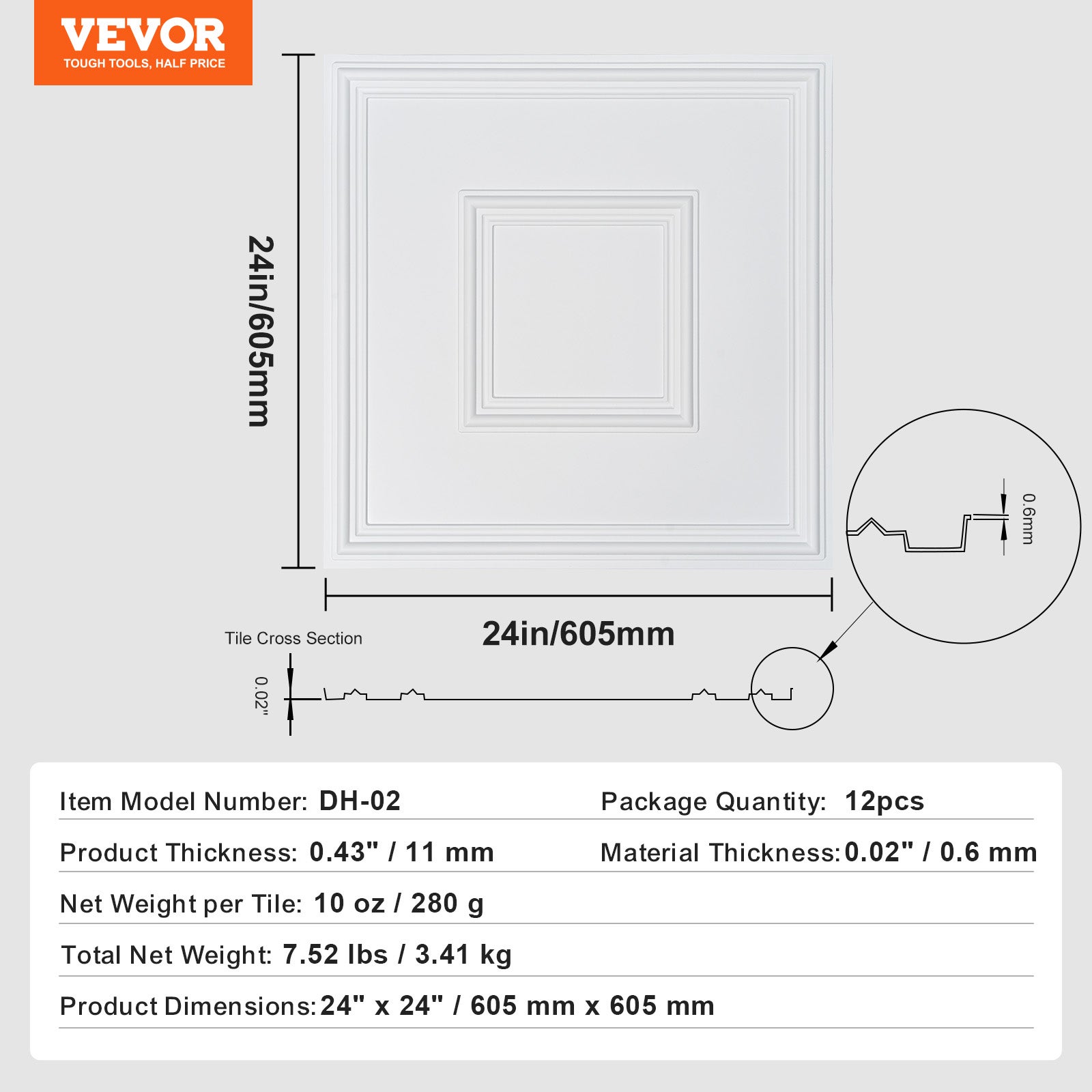 Dalles de Plafond PVC VEVOR Lot de 12, Plaques Décoratives 605 x 605 mm à Coller, Revêtement Blanc Motif 3D - 7