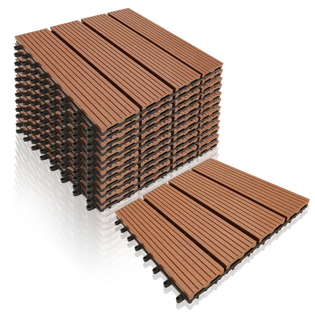 11x Piastrelle per terrazza in composito effetto legno Lastre da giardino in legno composito WPC clip-on 30 x 30 cm Mosaico Rivestimento marrone