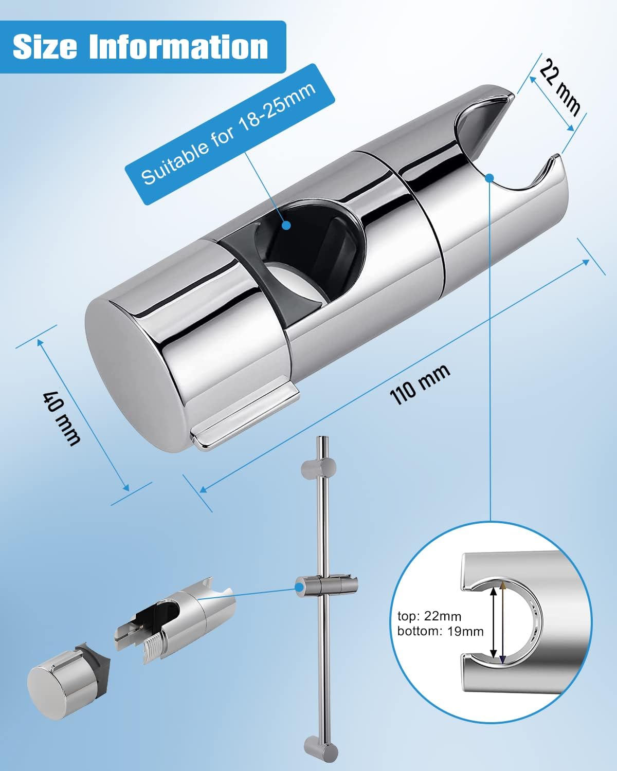 Support de pommeau de douche, adapté à la barre coulissante réglable de 18 à 25 mm, aucun perçage requis, rotation à 360° - 8