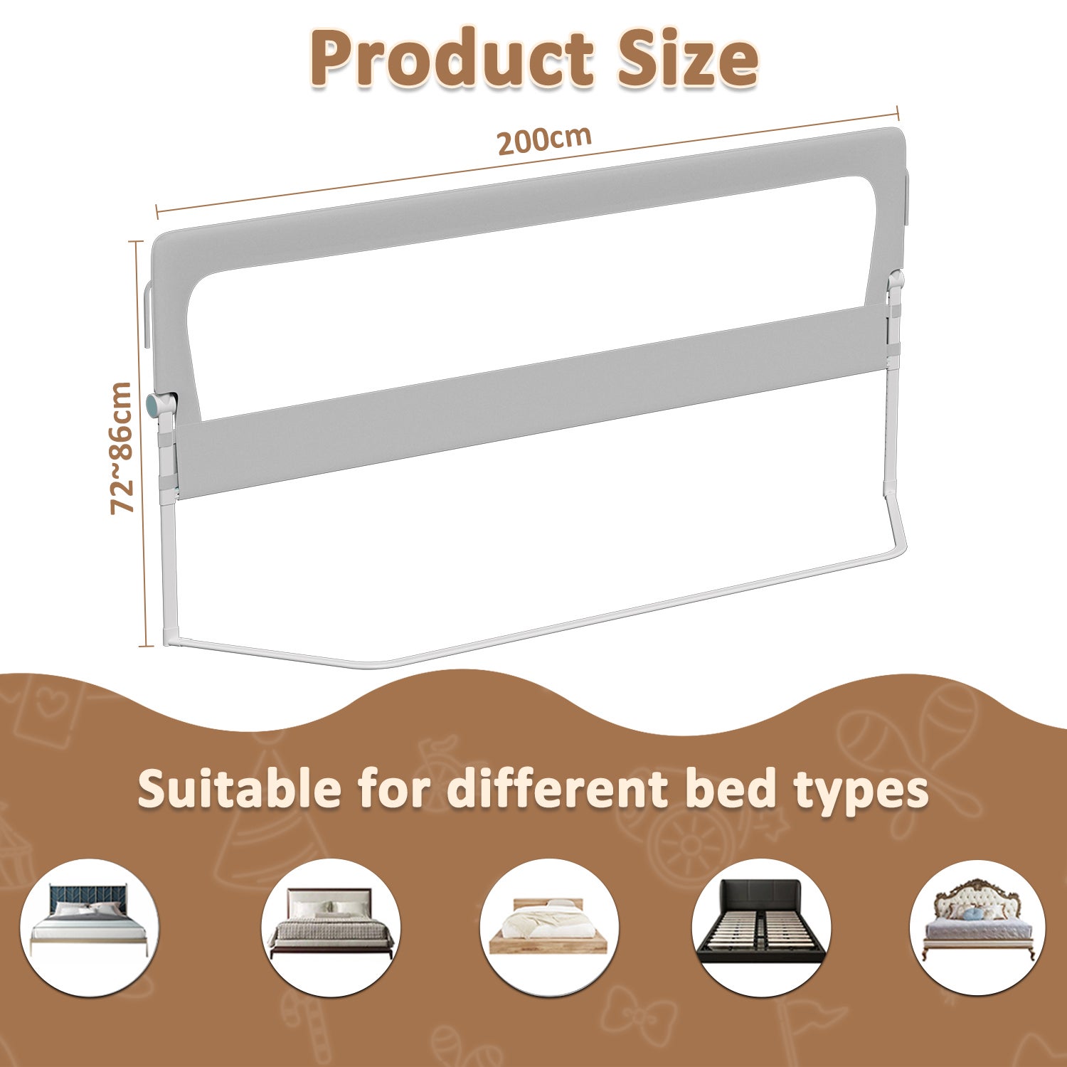 200CM Barrière de lit Barrière de sécurité de lit d'enfant pliable Barrière de protection Oxford Angle 0°-180° Gris - 2